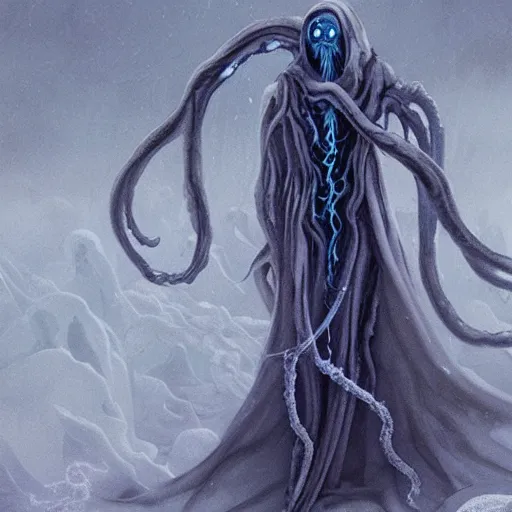 Image similar to concept designs for an ethereal ghostly wraith like figure with a squid like parasite latched onto its head and long tentacle arms that flow lazily but gracefully at its sides like a cloak while it floats around a frozen rocky tundra in the snow searching for lost souls and that hides amongst the shadows in the trees, this character has hydrokinesis and electrokinesis for the resident evil village video game franchise with inspiration from the franchise Bloodborne