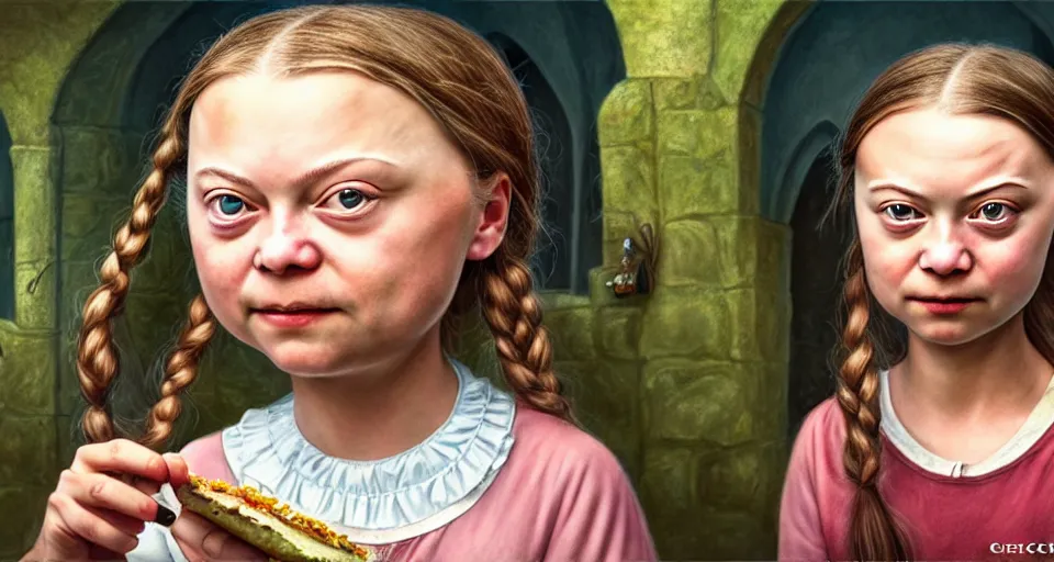 Prompt: closeup profile portrait of greta thunberg as a fairytale princess eating cakes with a a medieval goblin in the castle kitchen, nicoletta ceccoli, mark ryden, lostfish, max fleischer, hyper realistic, artstation, illustration, digital paint, matte paint, vivid colors, bright, cheerful, detailed and intricate environment