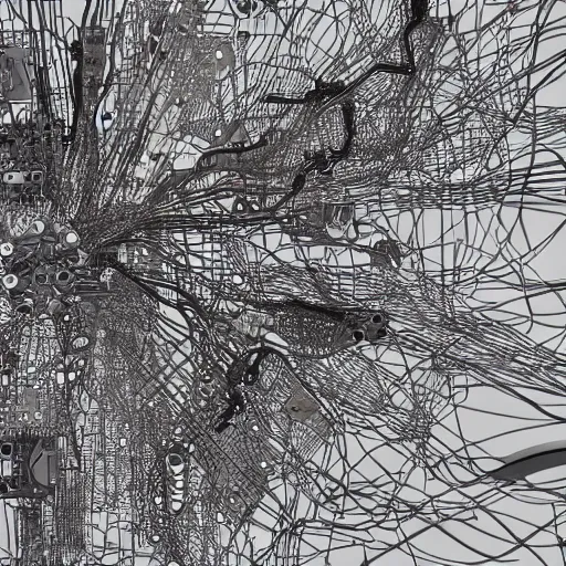 Prompt: a cluster of wires mixed into engine parts, patterned like a map, photo realistic