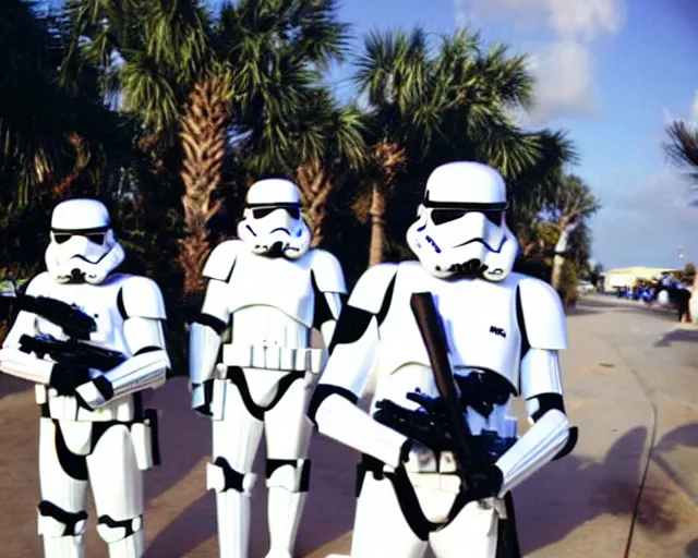 Prompt: stormtroopers goofing off on spring break, daytona beach, 2007, disposable camera photo, cdx