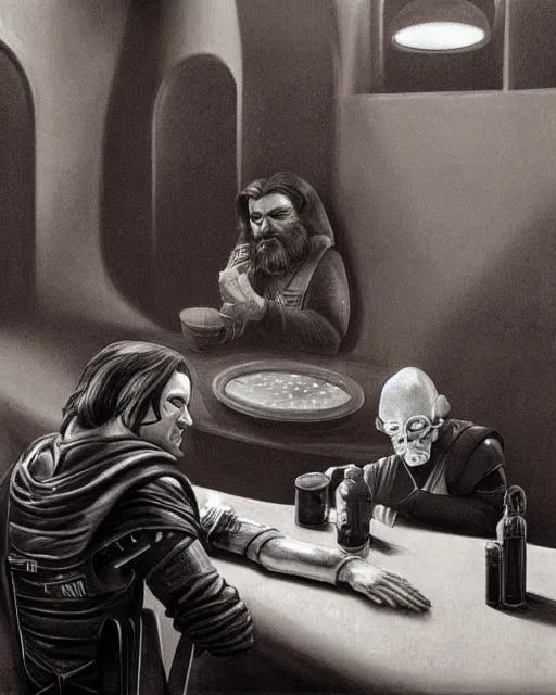 Image similar to rhett sarlin sitting at a table in a cantina on tatooine, long black hair, black leather vest, portrait by ralph mcquarrie