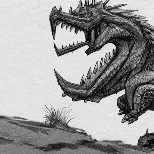 Prompt: sketch of a dragon resting on a hill, detailed, artstation, old