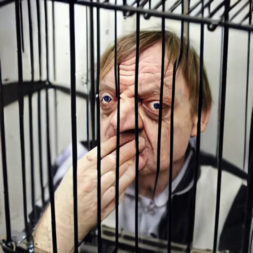 Image similar to mark e smith in a cage at the pet store, he is for sale, 4 k
