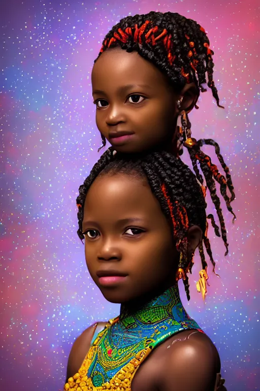 Prompt: stunning portrait of one cute little african girl with a beautiful braid and dreamy emerald eyes, wearing traditional attire and beautiful ornaments, vibrant neon fogs and light in the bokeh background, 85mm photography style, photorealistic, digital painting, smooth, well focused, volumetric soft lighting, afrofuturism style, artstation HD, 8K