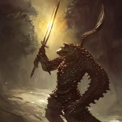 Image similar to a crocodile warrior holds a morning star and a shield, by greg rutkowski, magic the gathering,