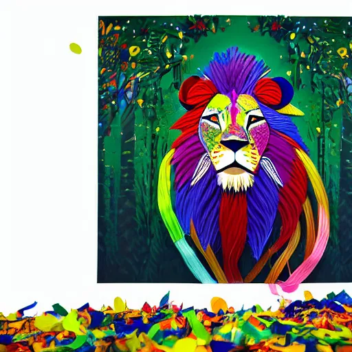 Prompt: lion in the magical forest, lion made from ribbons and party confetti , concept art, huge scale, high detail, sci fi by Pablo Picasso