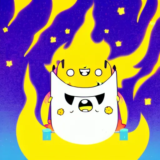 Image similar to kawaii wacky fluffy popcorn with lightning bolt power, yokai, in the style of an adventure time character, with a smiling face and flames for hair, sitting on a lotus flower, white background, simple, clean composition, symmetrical