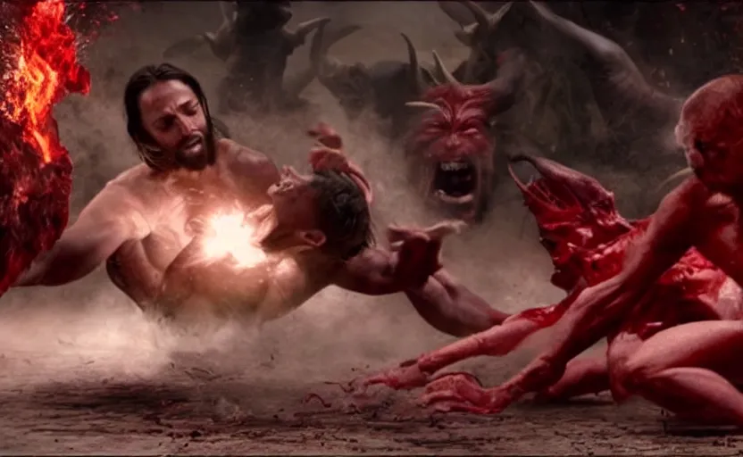 Image similar to hyperrealistic photo of Jesus Christ pummeling red-skinned Satan devil demon Lucifer in the face on the floor to a pulp, 8k cinematic, epic fight scene, stunning composition, DSLR focus on the subjects