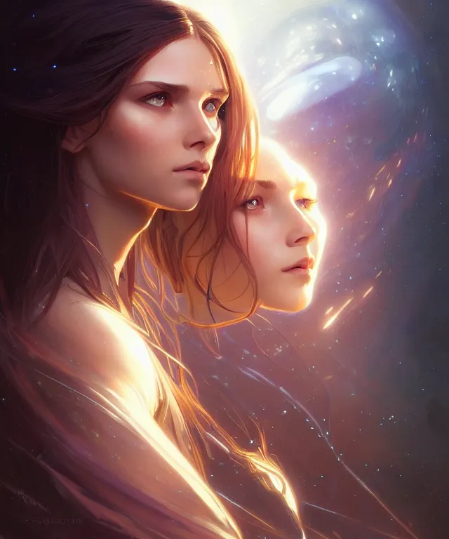 Image similar to futuristic young woman portrait, sci-fi, amber eyes, face, long hair, fantasy, intricate, elegant, highly detailed, digital painting, artstation, concept art, smooth, sharp focus, illustration, art by artgerm and greg rutkowski and alphonse mucha