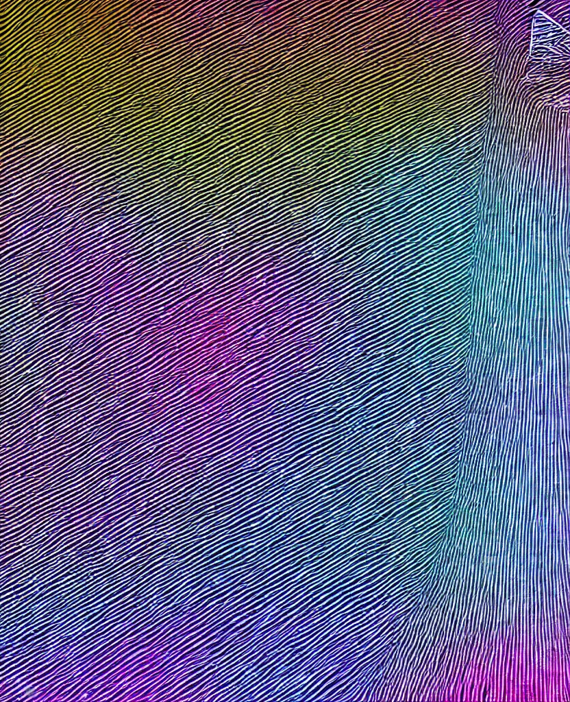 Image similar to stacked plot of radio emissions from a pulsar, abstracted light refractions and stripy interference, making up a fluffy cat, isolated on black, highly detailed high resolution, silk screen t-shirt design in the style of FELIPE PANTONE 4K