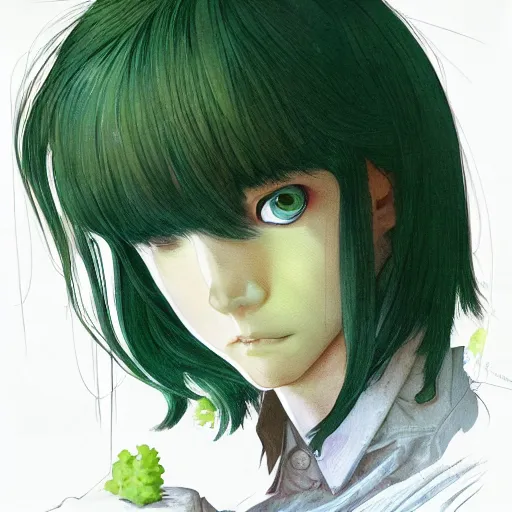 Image similar to character portrait of a boy with green long straight hair soft light painted by james jean and katsuhiro otomo and erik jones, inspired by evangeleon anime, smooth face feature, high detail illustration, sharp high detail, manga and anime 1 9 9 9