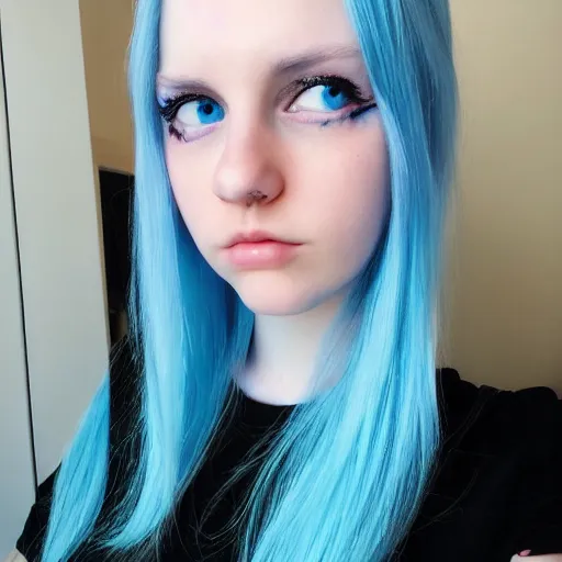 Prompt: a pale girl with piercing blue eyes and blue hair, soft facial features, looking directly at the camera, neutral expression, instagram picture