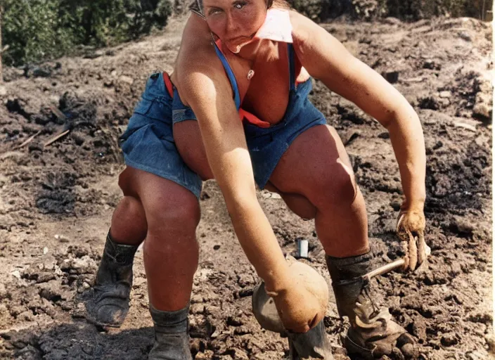 Prompt: 90's professional color photograph, A very muscular miner woman at work