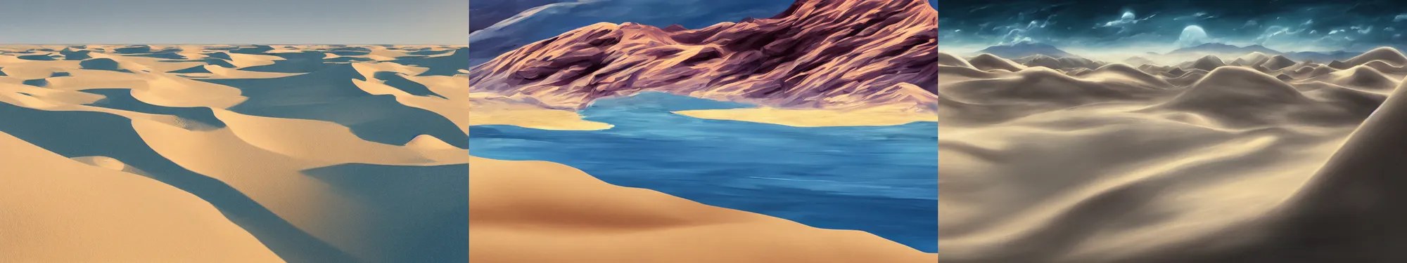 Prompt: Landscape, white desert, sand, dunes, monoliths. Deep blue river. Fantasy, digital painting, HD, 4k, detailed.