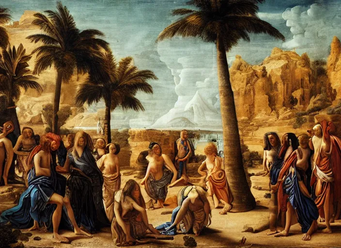 Image similar to : „a painting of a group of people outside in tropical desert Atlantis city, an ultrafine detailed painting by Giovanni Paolo Pannini, cg society, renaissance, da vinci, detailed painting, academic art“