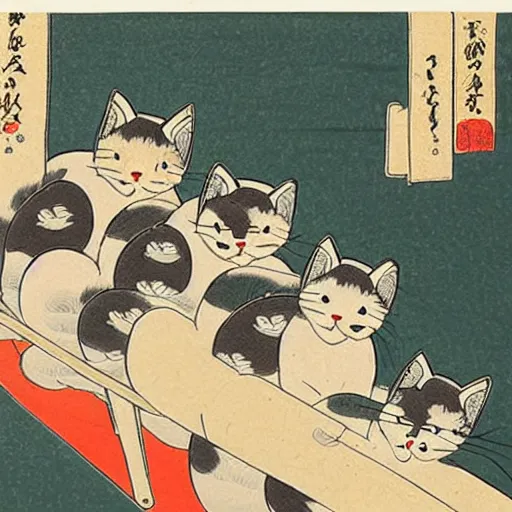 Prompt: masterpiece ukiyo-e painting of a cat parade at night