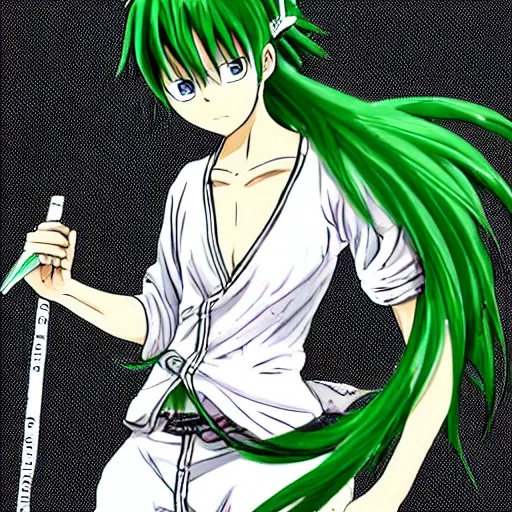 Image similar to fencer, anime style, green hair, dark, animation, detailed, illustration, eiichiro oda,