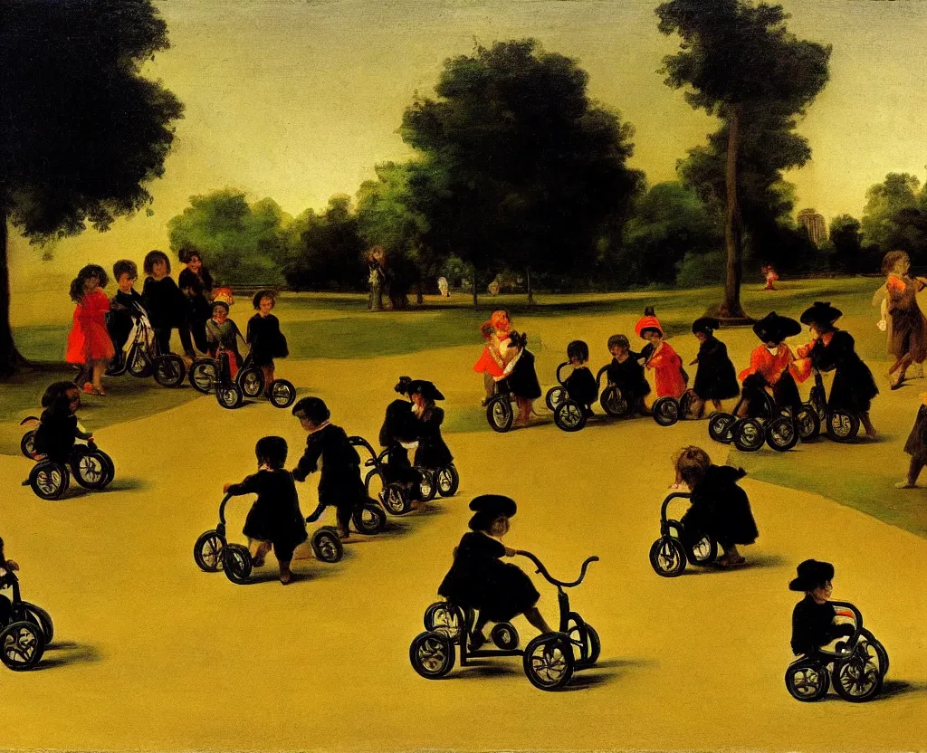 Image similar to children riding tricycles in the park, in the style of francisco goya's black paintings