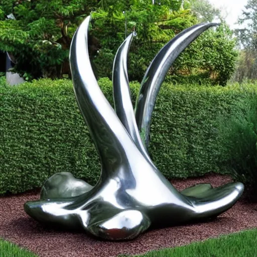 Prompt: A liquid metal sculpture in the middle of a luscious garden