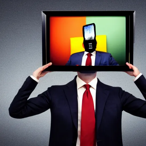 Prompt: a man in a suit wearing a tv on his head, head replaced with a tv, tv covering head