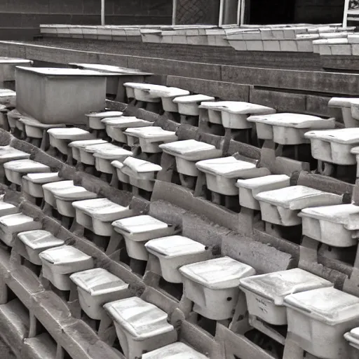 Prompt: a set of bleachers, with bottles of bleach stacked neatly on the benches