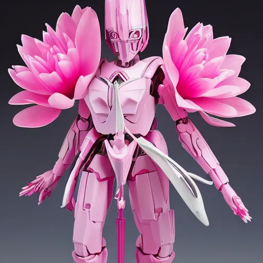 Image similar to futuristic pink nymphaea themed mecha waterlily upper body, sepals forming helmet, highly detailed, nymphaea, 8 k hd resolution, barbatos gundam with floral inlay, bandai box art, star wars, makoto kobayashi, frank gehry, raymond swanland