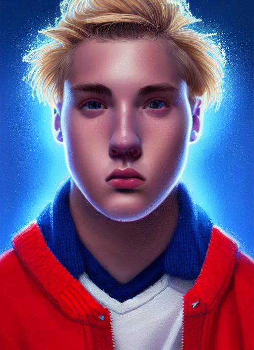 Image similar to portrait of high school senior boy named big moose, blonde short hair, jock, beefy, wide face, square jaw, square facial structure, blue varsity jacket with letter r, intricate, elegant, glowing lights, highly detailed, digital painting, artstation, concept art, sharp focus, illustration, art by wlop, mars ravelo and greg rutkowski