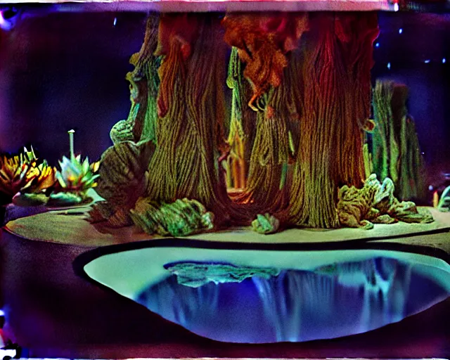 Prompt: low angle shot of a space port at night, aquatic plants, coral, shabby chic, cinematography by Jim Jarmusch, composition by Neo Rauch, in the style of Nan Goldin, set design by Antonin Gaudí, 35mm, graflex, color film photography