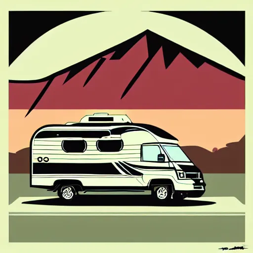 Prompt: stylized line art graphic of a white and black cute thor chateau! motorhome camper!!, mountains, colorful sunset!!, retro line art by tom whalen