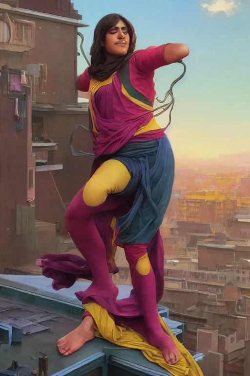 Image similar to A Full View of Kamala Khan Iman Vellani on a rooftop. MCU. masterpiece 4k digital illustration by Ruan Jia and Mandy Jurgens and Artgerm and greg rutkowski and Alexander Tsaruk and WLOP and william-adolphe bouguereau, award winning, Artstation, art nouveau aesthetic, Alphonse Mucha background, intricate details, realistic, panoramic view, Hyperdetailed, 8k resolution, intricate art nouveau