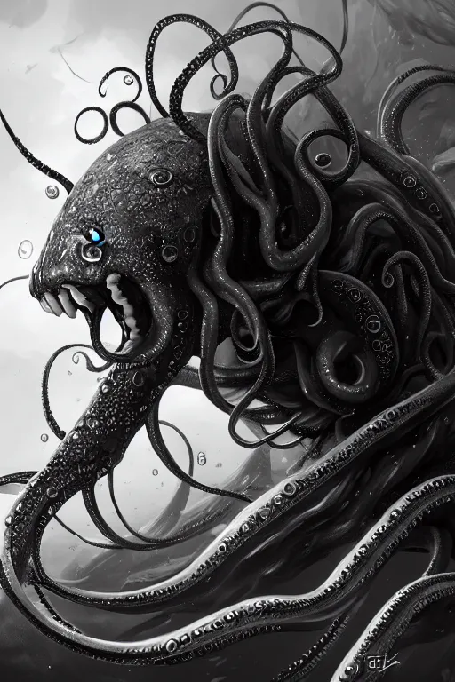 Image similar to black and white, sea enemies, extra teeth, tentacles, highly detailed, digital painting, artstation, concept art, sharp focus, illustration, unreal engine 5, 8 k