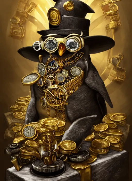 Image similar to athropomorphized rich penguin capitalist sitting on pile of gold, wearing steampunk top hat, steampunk goggles, casting spell, concept art, insanely detailed and intricate, hypermaximalist, elegant, ornate, hyper realistic, super detailed, art deco, cinematic, trending on artstation, magic the gathering artwork