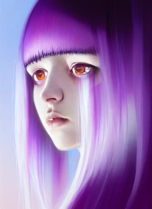 Image similar to hair whitebangs hair, black hair, whitebangs, portrait of teenage girl with white bangs, red irises, purple clothes, white bangs, bangs are different color from hair, intricate, elegant, glowing lights, highly detailed, digital painting, artstation, concept art, smooth, sharp focus, illustration, art by wlop, mars ravelo and greg rutkowski