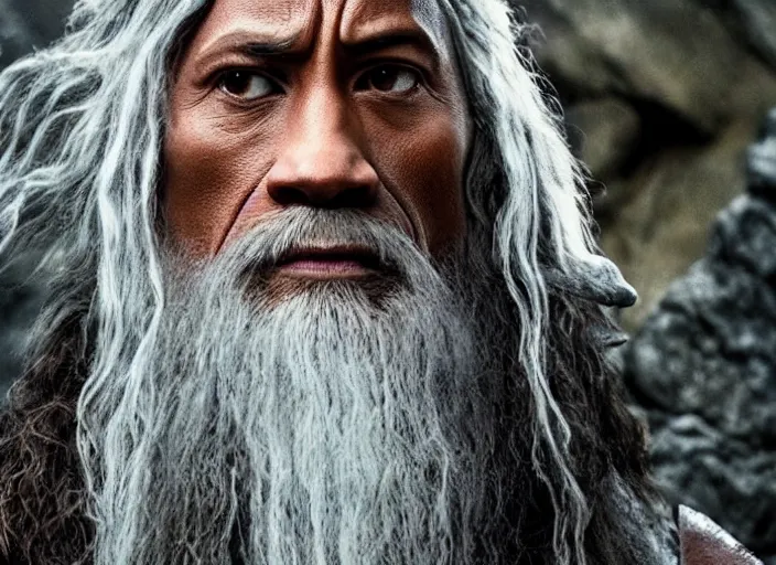 Image similar to film still of dwayne the rock johnson as gandalf in the new lord of the rings movie, 4 k, highly detailed face, detailed eyes