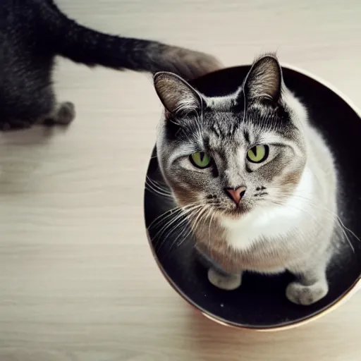 Prompt: a cat yelling angrily because it's bowl is empty