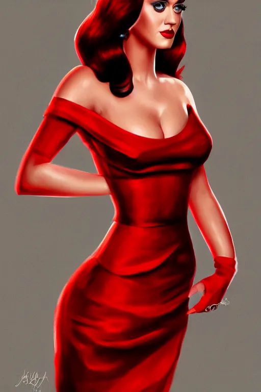 Prompt: katy perry in a red dress, realistic portrait, symmetrical, highly detailed, digital painting, artstation, concept art, smooth, sharp focus, illustration, cinematic lighting
