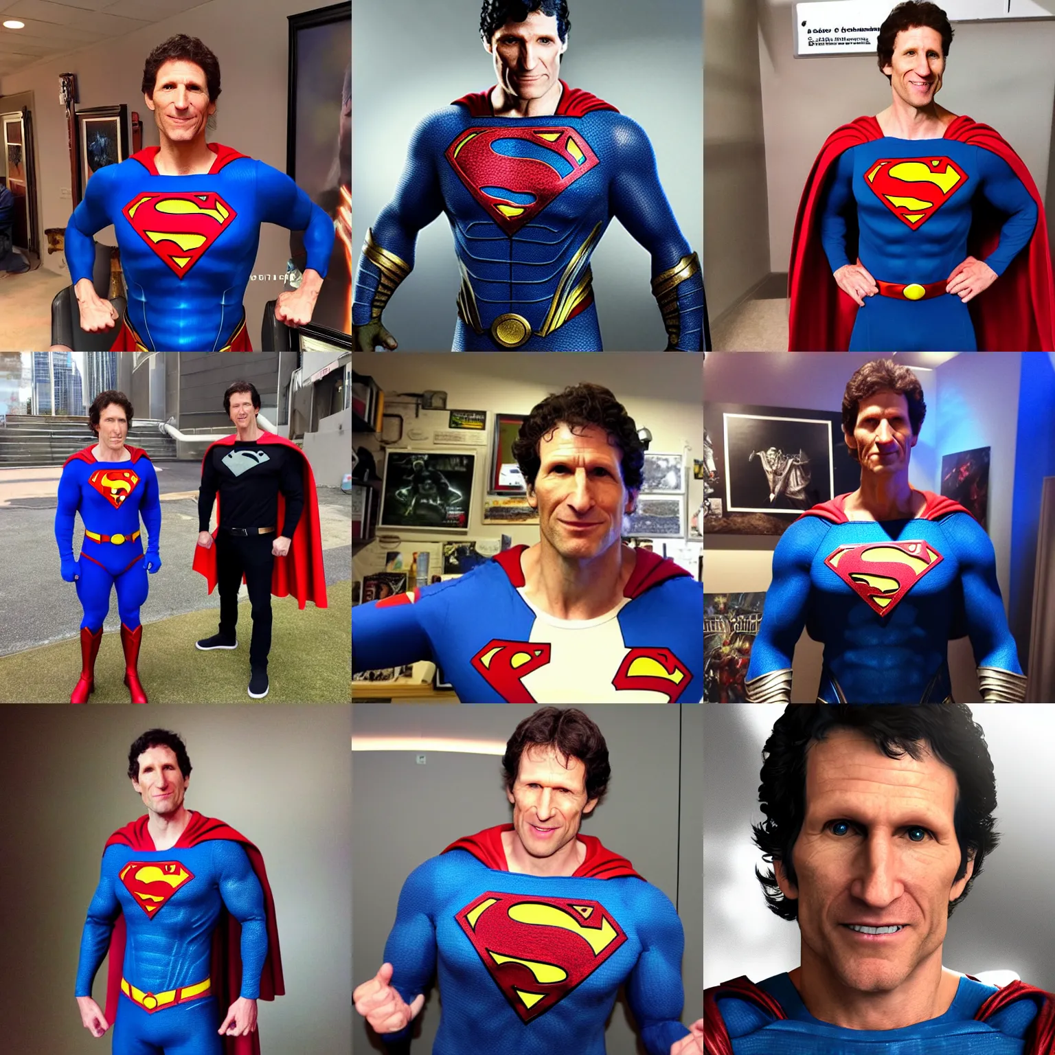 Prompt: Todd Howard of Bethesda Game Studios wearing a Superman costume, Artgerm