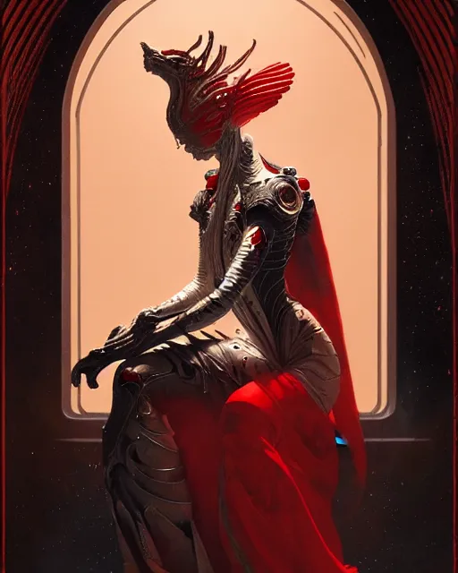 Prompt: masterpiece concept art, a beautiful highly detailed sci - fi renaissance lady sit on the throne in palace, confident pose, by peter mohrbacher and jae lee, 8 k, intricate detail, cinematic lighting, red white and black colors