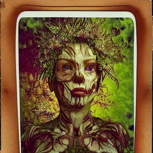 Image similar to a beautiful detailed front view portrait of a rotten woman corpse with fractal plants and fractal flowers growing around, volumetric light, beautiful lit, polaroid photography