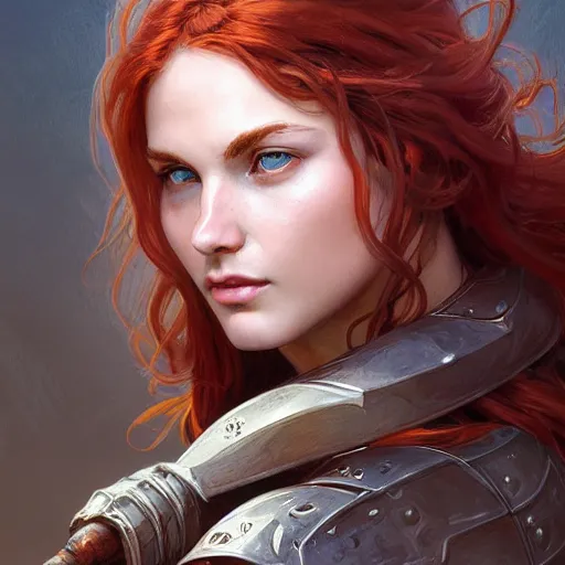 Prompt: portrait of a young ruggedly handsome buxom but joyful barbarian, female, feminine, upper body, red hair, long hair, d & d, fantasy, seductive smirk, intricate, elegant, highly detailed, digital painting, artstation, concept art, matte, sharp focus, illustration, art by artgerm and greg rutkowski and alphonse mucha