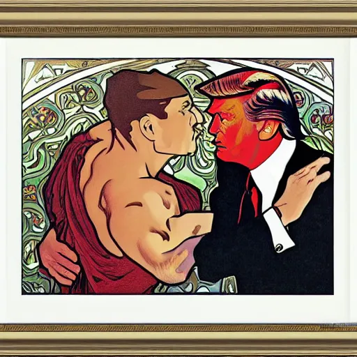 Prompt: jean Claude van Damme meets donald Trump, by alphonse mucha,