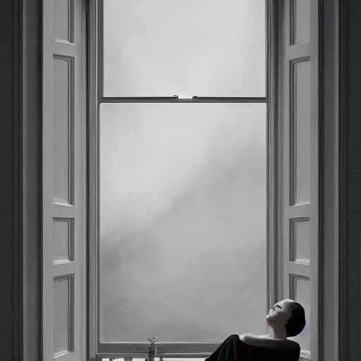 Prompt: natural, aesthetic by joel rea, by jeff wall, by josef capek. a experimental art of a beautiful young woman seated at a window, looking out at the viewer with a serene expression on her face. the light from the window illuminates her features & creates a warm, inviting atmosphere. the essence of beauty & tranquility.