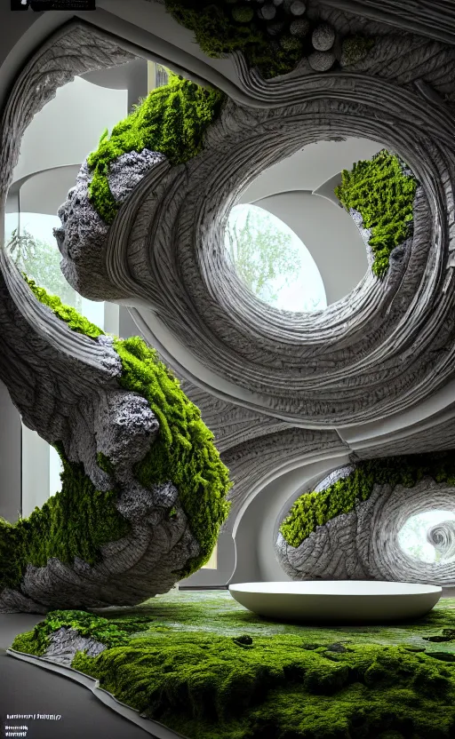 Image similar to highly detailed ultra sharp 3 d render villa interior cinematic composition of a smooth ceramic porcelain biomorphic magnolia stone nebula fluid fractal sci - fi surreal architecture landscape, granite, metallic, magnesium, marble, moss and lichen, vincent callebaut composition, mamou - mani, archviz, beautiful lighting, 8 k, unreal engine, hdr,