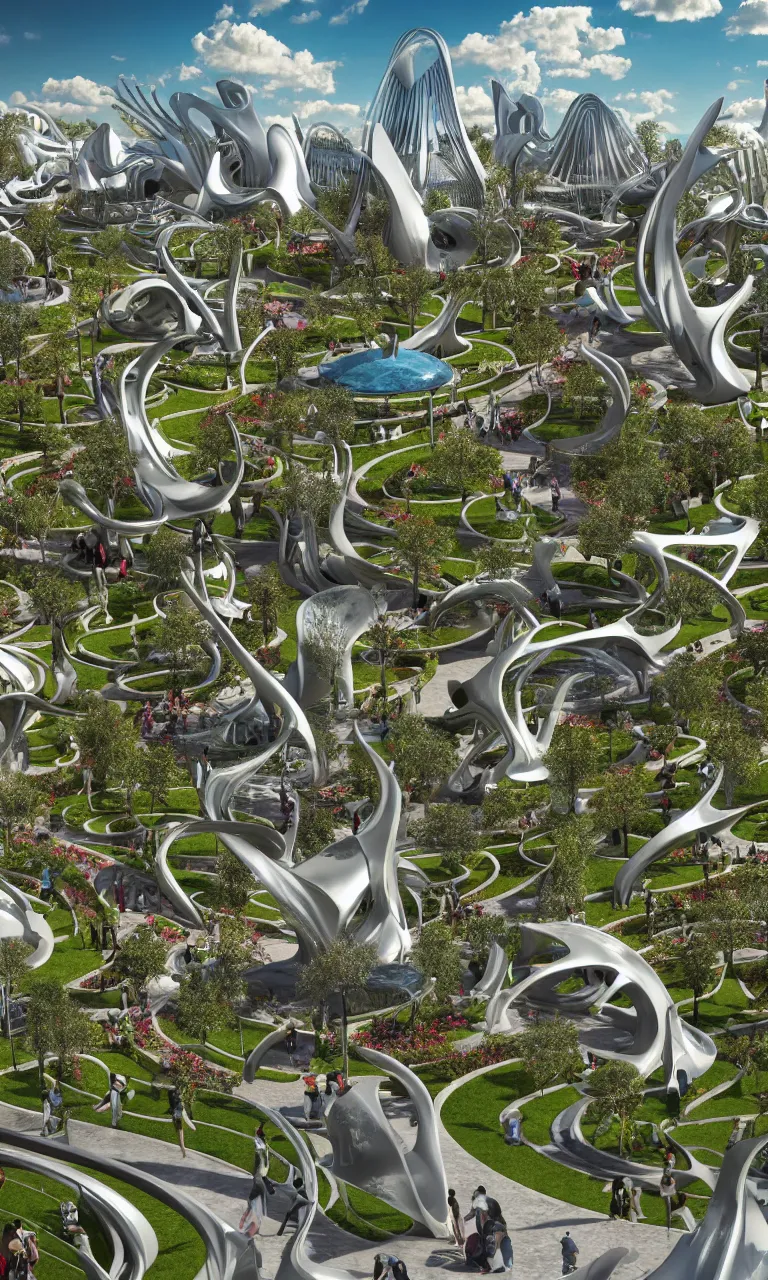 Prompt: a busy elaborate ornate outdoor park, cinematic, shadows, partly cloudy day, 4 k, detailed, by zaha hadid