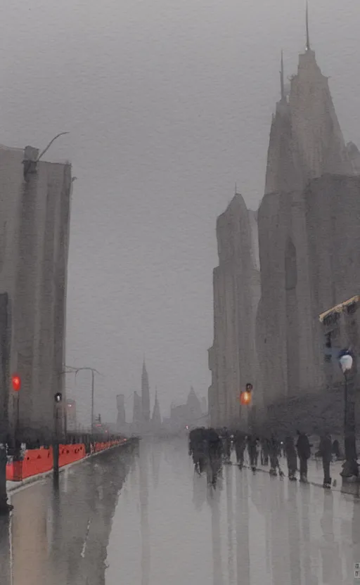 Image similar to A watercolor depicting an empty Shanghai Bund, gloomy weather, high contrast, smooth, by Joseph Zbikowicz, 8k