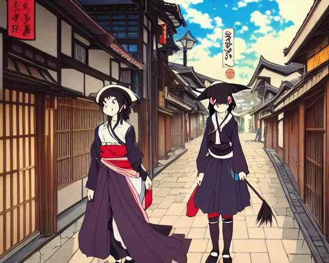 Image similar to key anime visual portrait of a young female witch walking through a busy village, yoshitoshi abe, dynamic pose, dynamic perspective, cinematic, dramatic lighting, muted colors, detailed silhouette, textured, anime proportions, kyoto animation, anmi,