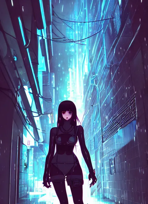 Image similar to cyberpunk anime woman, raining, in an alley at night back lit, by webang111 and Maciej Kuciara and Ilya Kuvshinov, trending on artstation