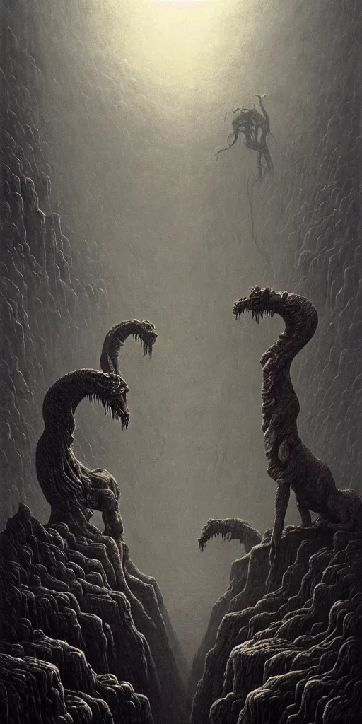 Prompt: ancient great beasts dancing on a moutain, beksinski, eldritch, apocalypse, creepy creature, horror spooky, dramatic light, 4 k, illustration, extremely detailed