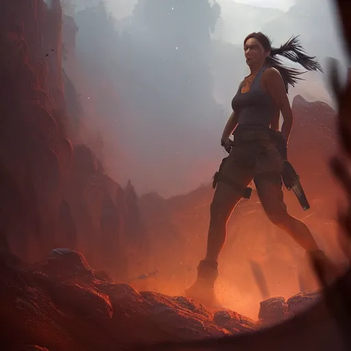 Image similar to Lara Croft portrait, atmospheric lighting, painted, intricate, volumetric lighting, beautiful, rich deep colors masterpiece, golden hour, sharp focus, ultra detailed, by Leesha Hannigan, Ross Tran, Thierry Doizon, Kai Carpenter,Ignacio Fernández Ríos