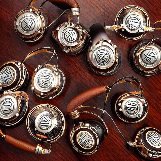 Image similar to masterpiece photo of beautiful hand crafted artistic detailed metal headphones, bismuth rainbow metal, bismuth cups, plush leather pads, displayed on mahogany desk, modernist headphones, bismuth beautiful well designed, hyperrealistic, audiophile, intricate hyper detail, extreme high quality, photographic, audeze, sennheiser, raal, bang olufsen, abyssal